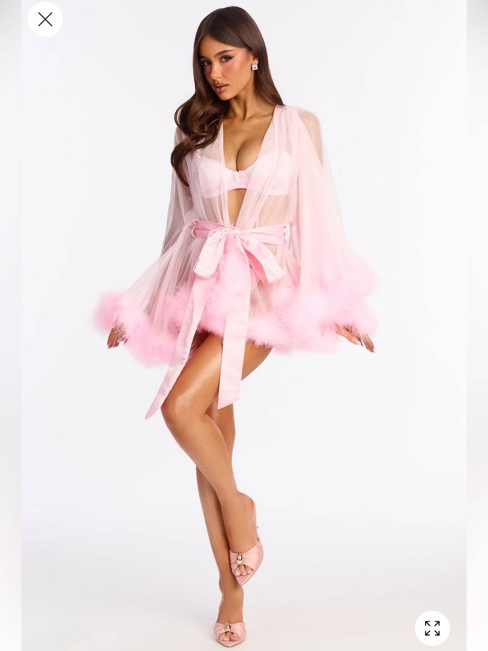 Fashion Nova Sheer Pink Marabou Trim Robe with Satin Tie